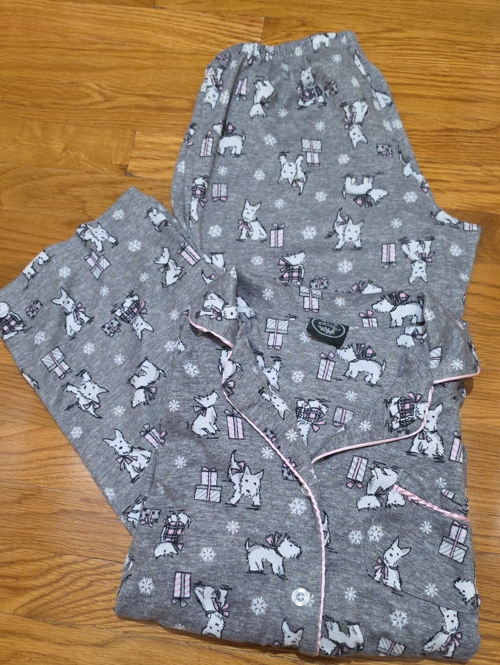 Laura Ashley Gray Fleece Winter Scottie Dog Button Down PJ Pants Set - Small